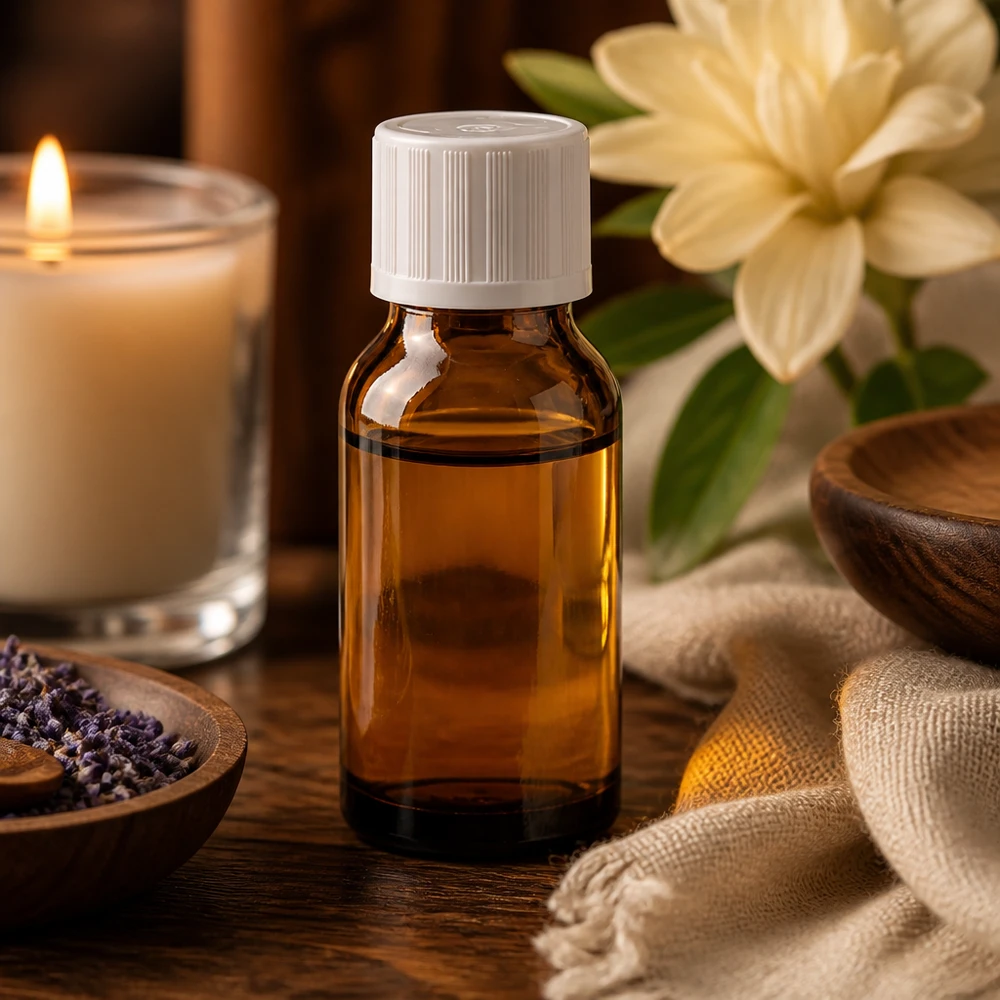 Flacone contagocce in vetro ambrato da 30 ml con tappo bianco KiSi davanti a una candela accesa e a dei fiori su un tavolo di legno