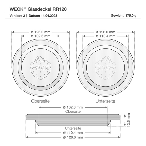 Coperchio in vetro WECK RR120 Disegno tecnico del coperchio in vetro WECK RR120 con dimensioni e peso di 175 g per un montaggio preciso