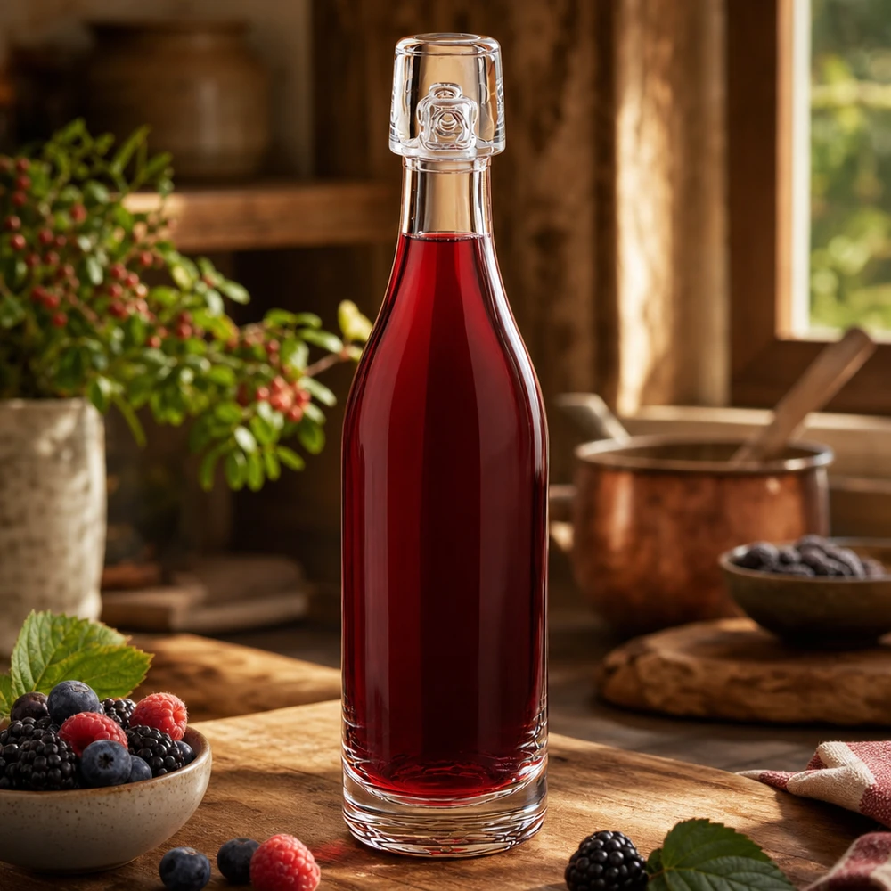 Bottiglia in vetro da 50 ml senza tappo UNiTWIST Bottiglia di vetro da 50 ml di UNiTWIST riempita di succo di bacche rosse accanto a bacche fresche su un tavolo da cucina in legno rustico