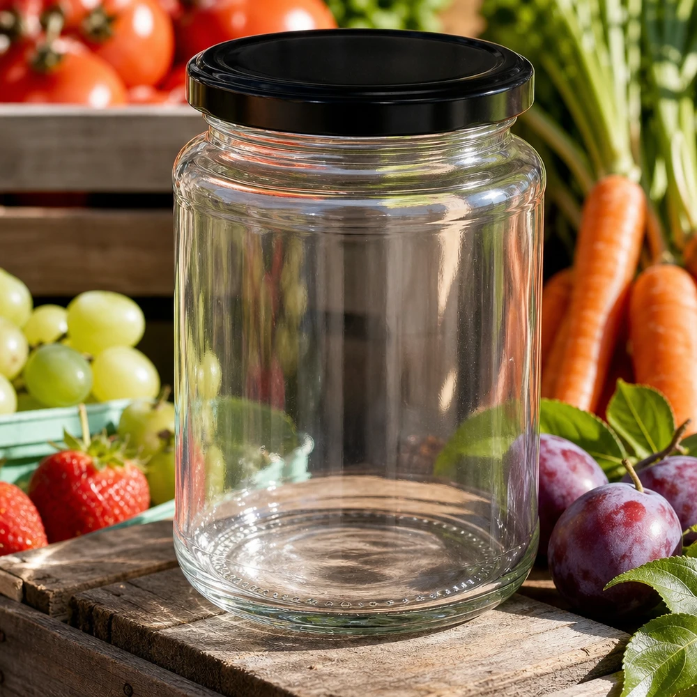 Barattolo rotondo da 382 ml con coperchio BasicSeal nero UNiTWIST. 382ml bicchiere rotondo BasicSeal nero circondato da frutta fresca fragole uva carote prugne all'aperto