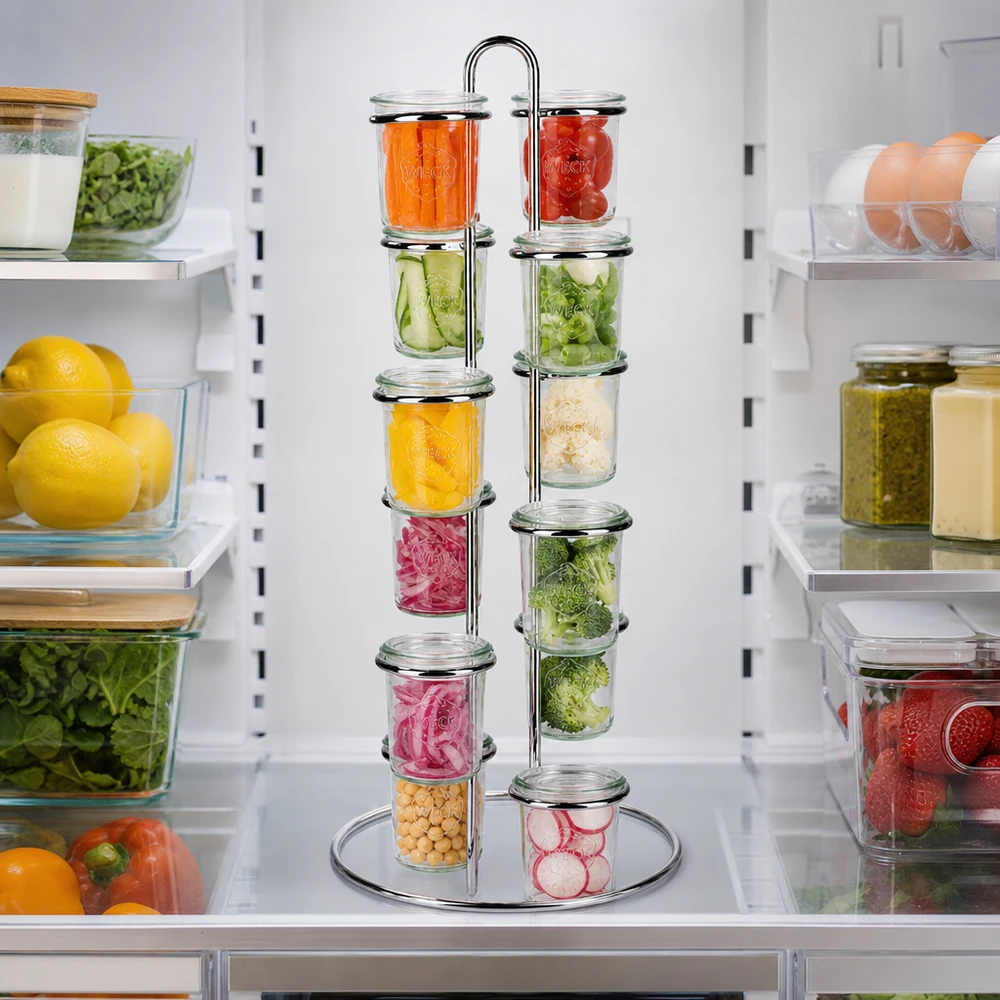 Portabottiglie Vertico12 per 12 tumbler WECK Kühlschrank-Organisation mit WECK Vertico12 Serviergestell zeigt platzsparende Aufbewahrung von frischen Zutaten