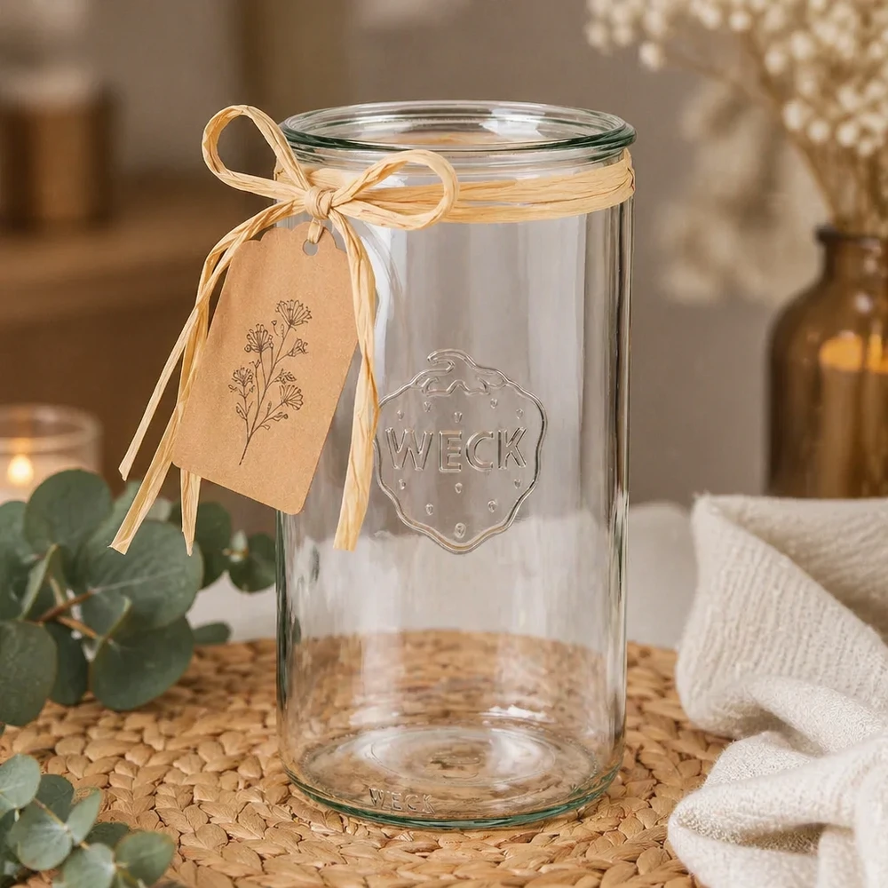WECK RR100 vaso cilindrico 1590ml vuoto con etichetta e fiocco decorato come regalo su un sottobicchiere di sughero