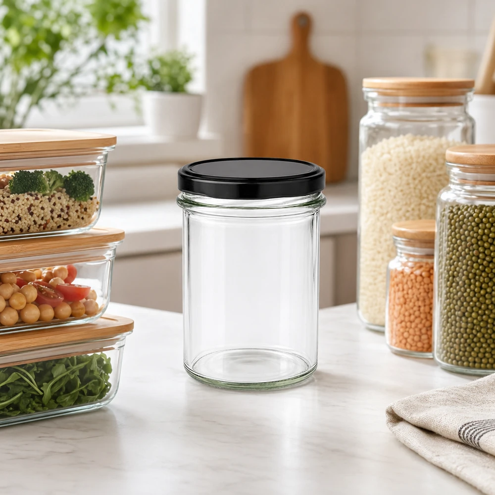 Bicchieri da 230 ml con coperchio BasicSeal nero UNiTWIST. Bicchieri da 230 ml BasicSeal neri vuoti in cucina moderna con barattoli di stoccaggio organizzazione cucina scena