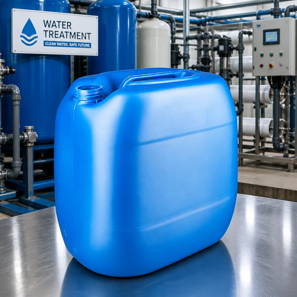 Tanica 30 litri blu senza tappo Tanica blu da 30 litri senza tappo in un impianto di trattamento delle acque per applicazioni chimiche