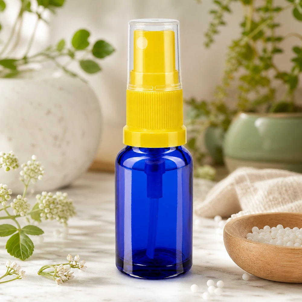 Flacone spray blu da 30 ml in vetro con protezione UV, con beccuccio giallo e tappo trasparente