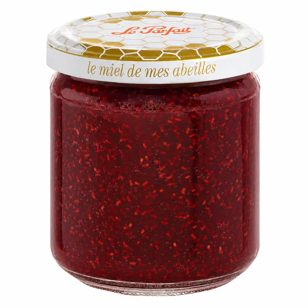 Vasetto per conserve di miele Le Parfait da 212 ml con coperchio a nido d'ape dorato, riempito di confettura di fragole rosse