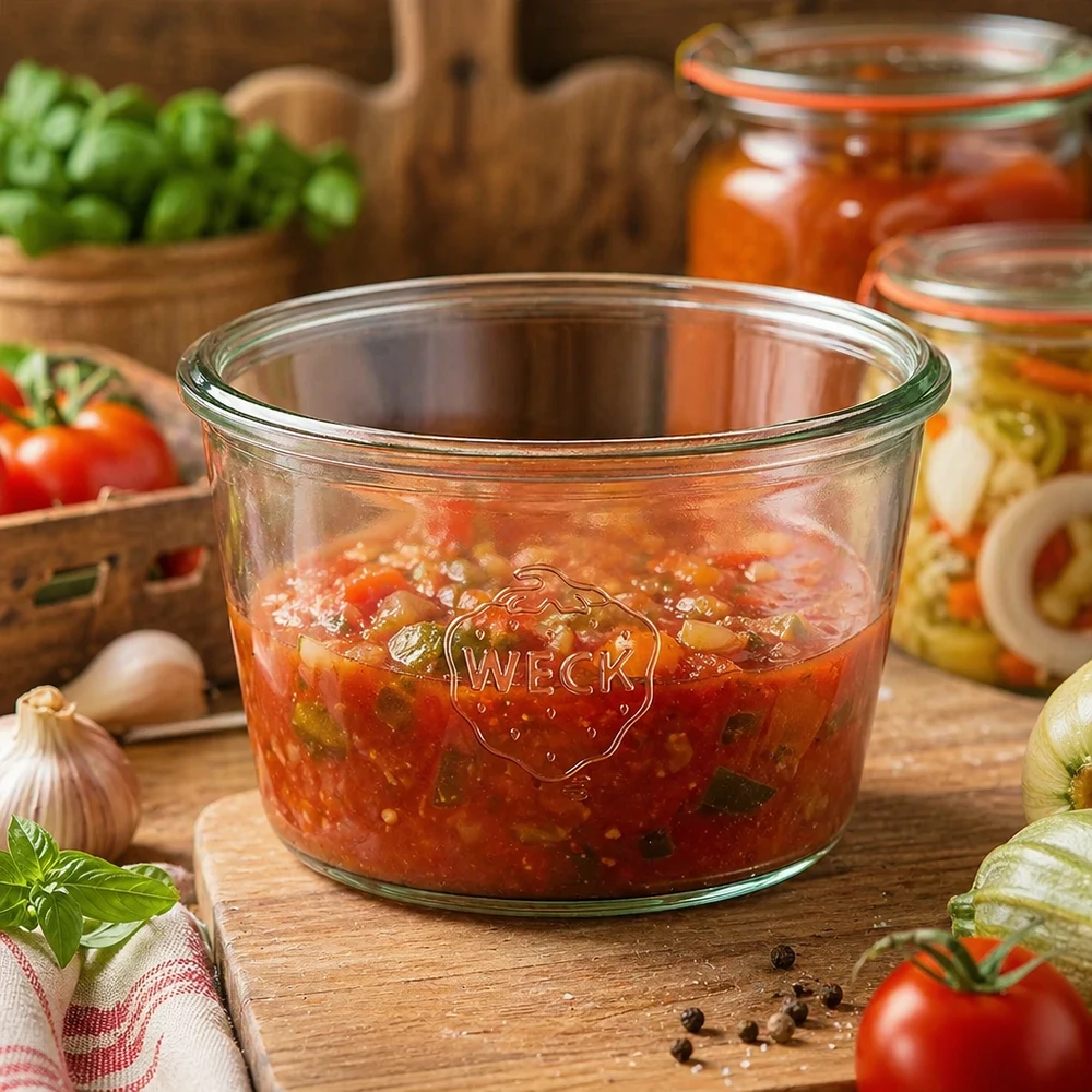 Barattolo WECK 370ml RR100 pieno di salsa di pomodoro su un tavolo di legno accanto a pomodori freschi ed erbe aromatiche