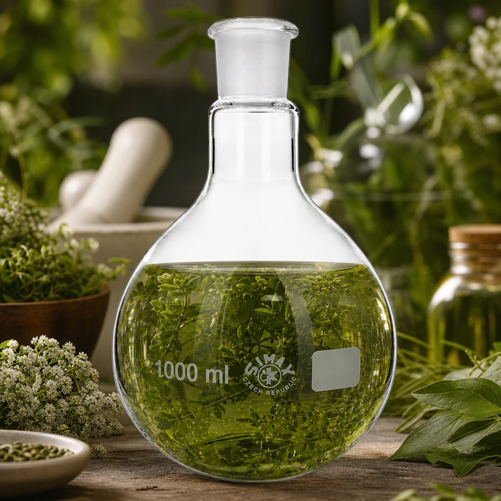 Pallone a fondo tondo da 1000 ml in vetro da laboratorio con liquido verde per analisi fitochimiche