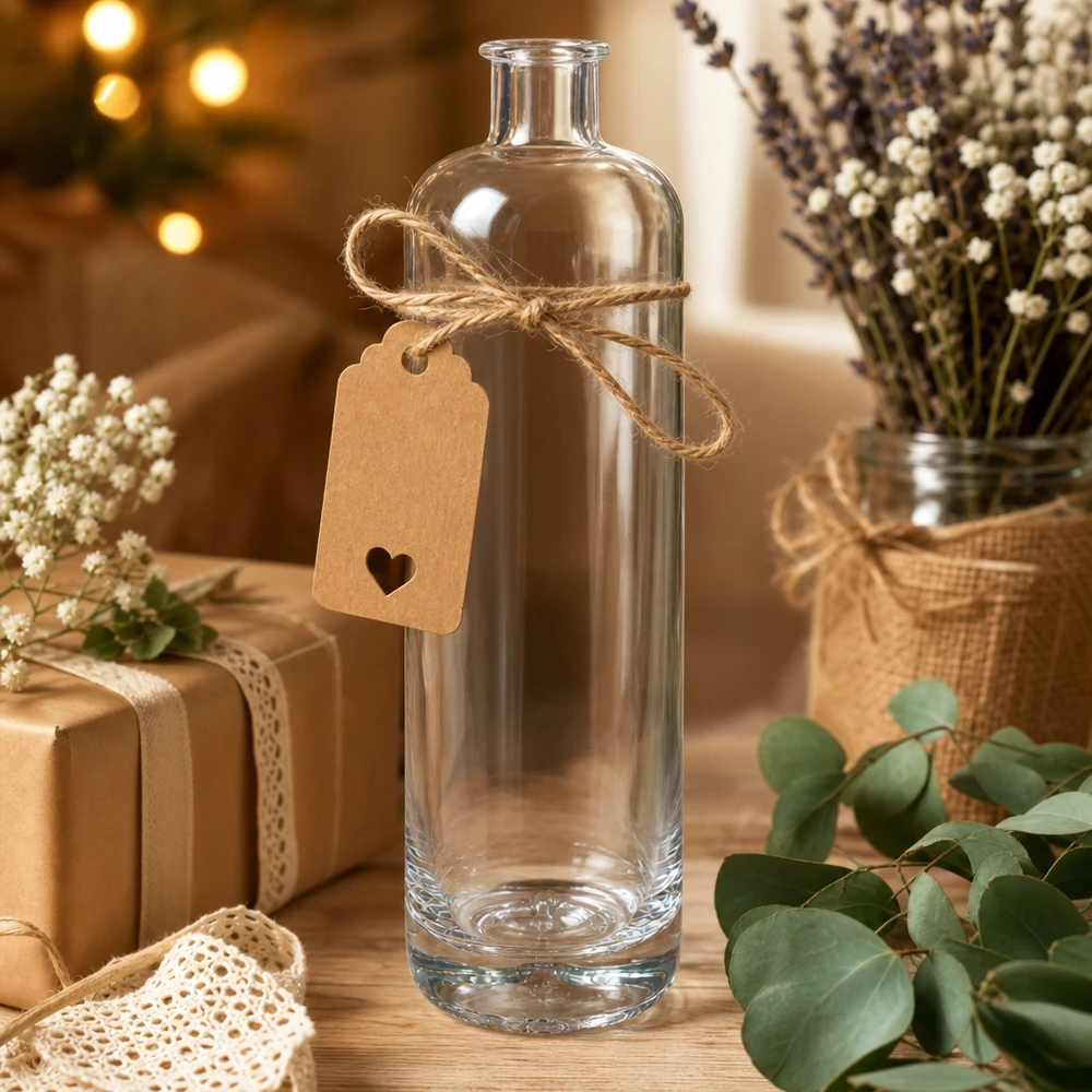 Bottiglia in vetro da 700 ml Ella senza tappo UNiTWIST® 700ml Glasflasche Ella dekorativ arrangiert mit Geschenkanhänger Juteschnur und getrockneten Blumen als Geschenkidee