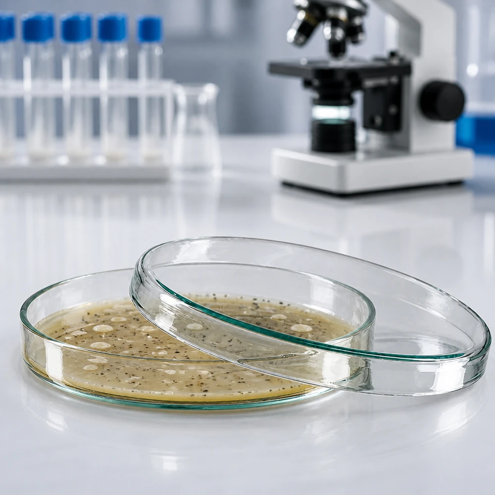 Piastra Petri 100x10mm in vetro Due piastre di Petri in vetro impilate contenenti una coltura batterica su un tavolo da laboratorio bianco