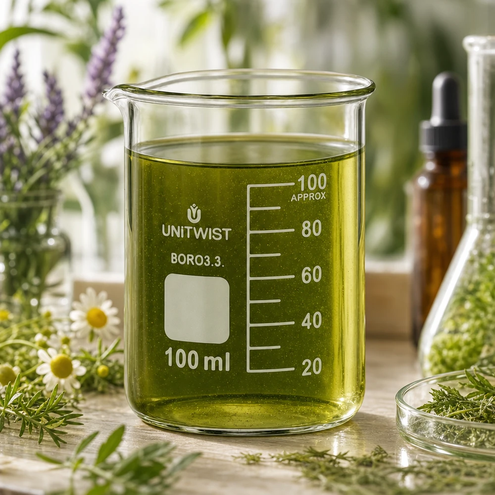 Bicchiere UNiTWIST da 100 ml con estratto di erbe verdi circondato da erbe medicinali fresche