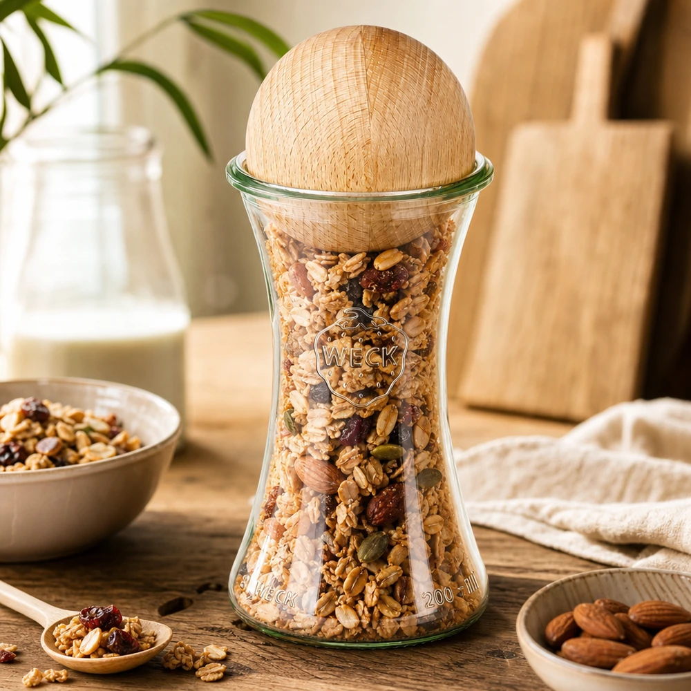 Barattolo WECK da 200 ml RR60 con sfera in legno di faggio riempita di muesli e noci su tavolo in legno in cucina naturale