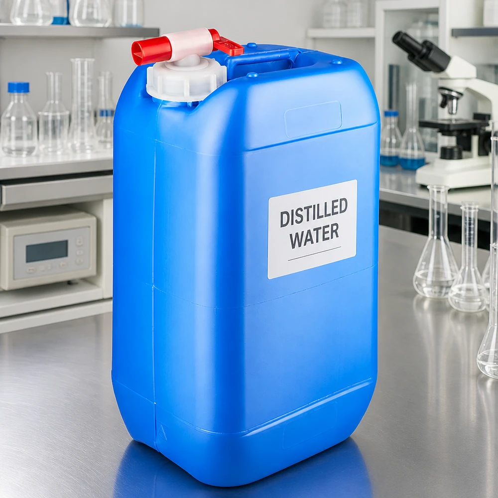 Tanica da 15 litri di acqua distillata, blu, con rubinetto di scarico, per uso di laboratorio