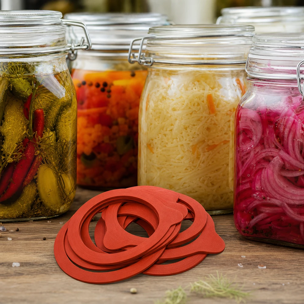 Anelli di conservazione RR60 Gomma naturale davanti ai barattoli di verdure fermentate Crauti Kimchi Cetrioli sottaceto Cipolle