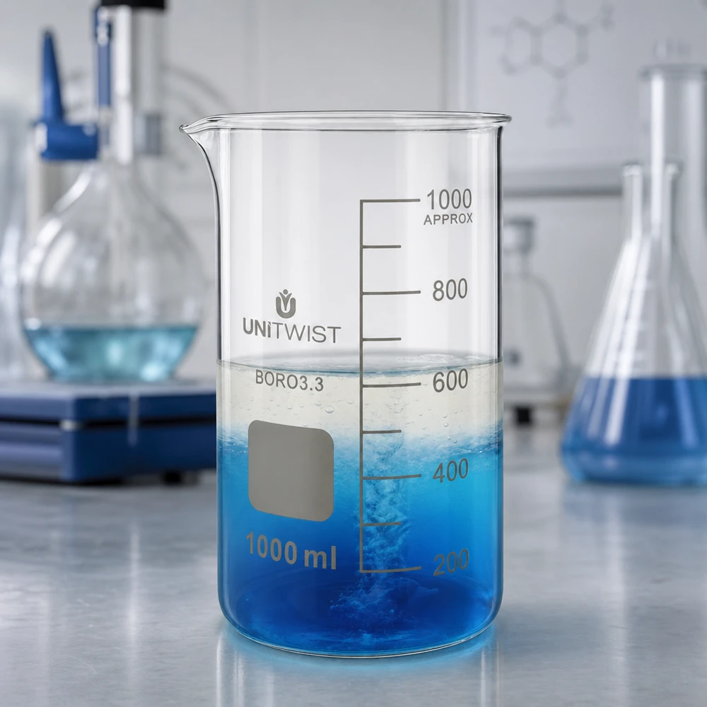 Bicchiere da laboratorio da 1000 ml in borosilicato, modello alto UNITWIST, con soluzione blu e formazione visibile di bolle