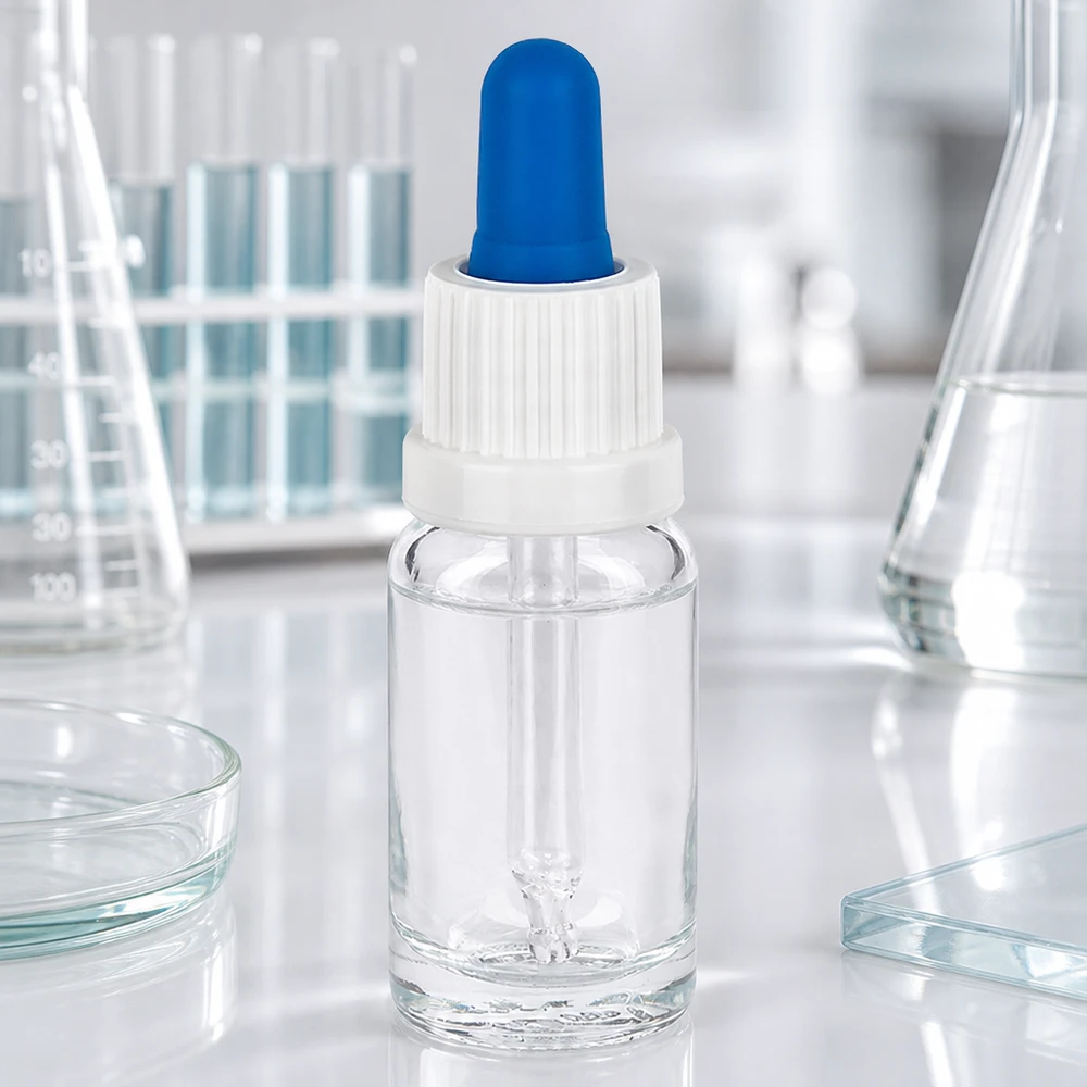 Flacone per pipette da 10 ml bianco/blu OV ClearL. UT18/10 Flacone con pipetta in vetro trasparente da 10 ml in laboratorio con provette, becher e piastre di Petri