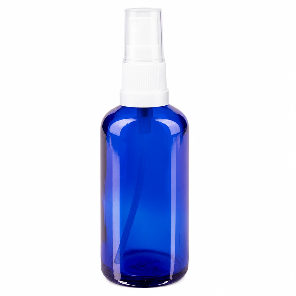 Flacone spray in vetro blu da 50 ml con erogatore bianco per farmacie e cosmetici
