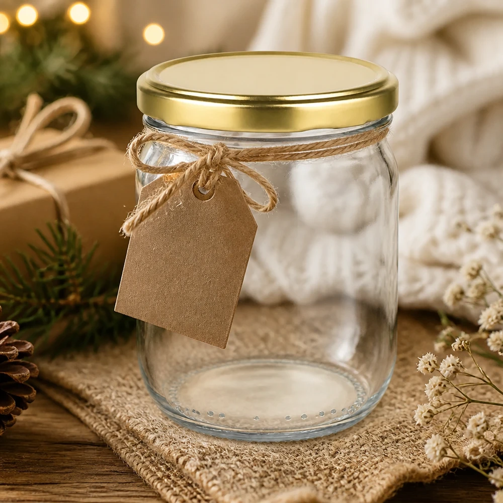 425ml Rundglas mit goldenem Deckel als Geschenkverpackung - dekorative Aufbewahrung mit Kraftpapier-Anhänger