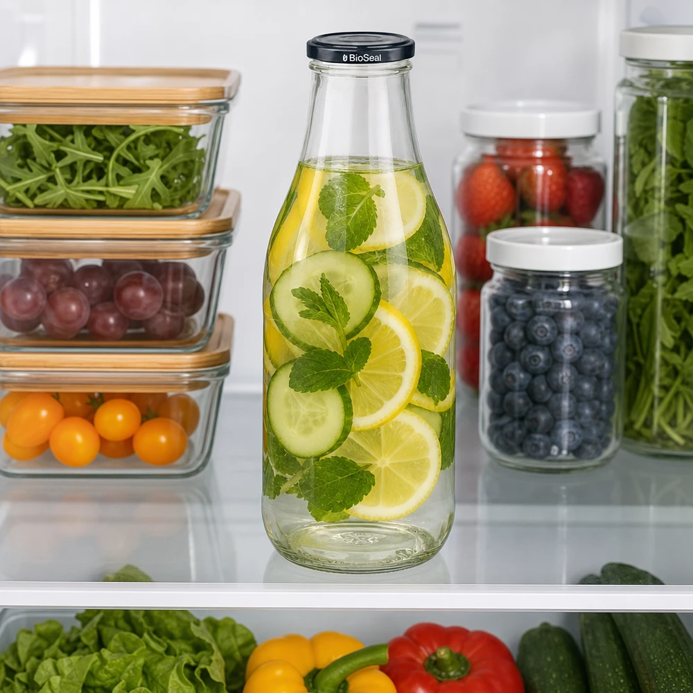 Bottiglia di vetro da 1000 ml + coperchio BioSeal nero UN.. Bottiglia di vetro da 1000 ml con acqua di cetriolo in frigorifero accanto ai contenitori per la preparazione dei pasti bacche verdure conservazione sostenibile