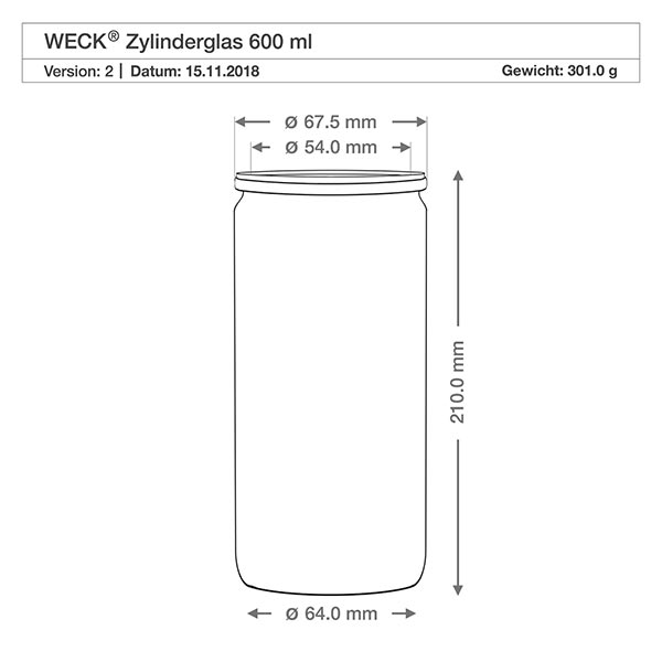 Barattolo da 700 ml con coperchio in vetro WECK RR80 Disegno tecnico del vaso cilindrico WECK da 600 ml con dimensioni: diametro 64 mm, altezza 210 mm, peso 301 g.