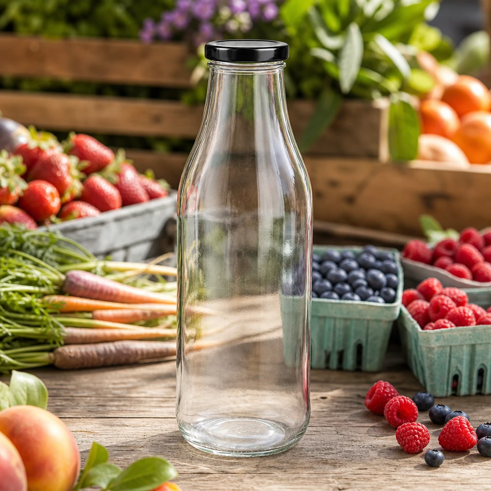 Bottiglia di vetro da 1000 ml + coperchio BasicSeal nero UN.. Bottiglia di vetro da 1000 ml vuota su un tavolo di legno rustico circondato da bacche fresche, frutta e verdura all'aperto