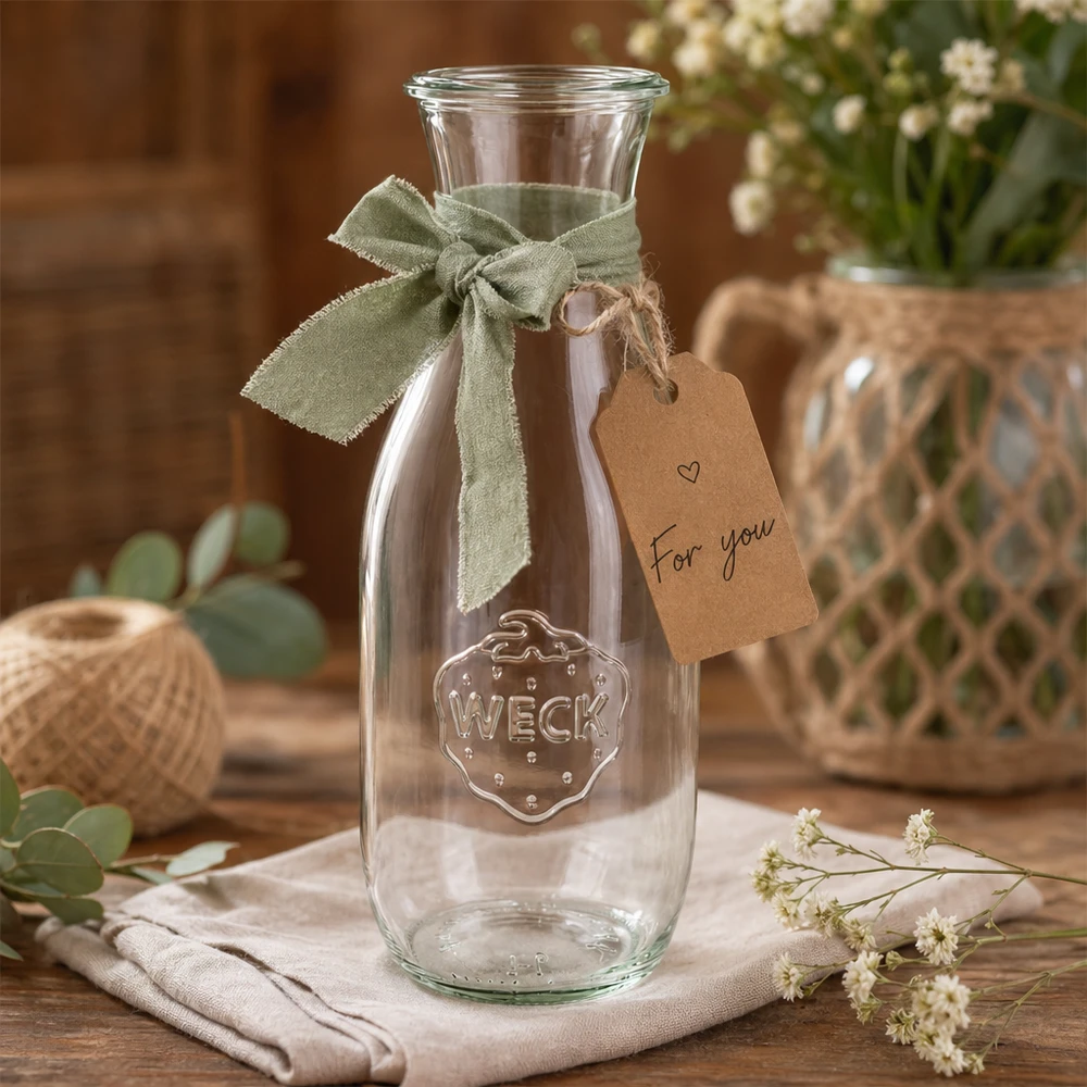 Bottiglia di succo WECK 1062ml RR60 decorativa con nastro verde e etichetta regalo Per te tra i fiori
