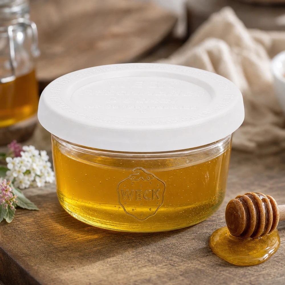 Bicchieri da 50 ml con coperchio salvafreschezza WECK RR60 Vasetto WECK RR60 da 50 ml pieno di miele e cucchiaio di miele su un tavolo di legno rustico in una cucina accogliente