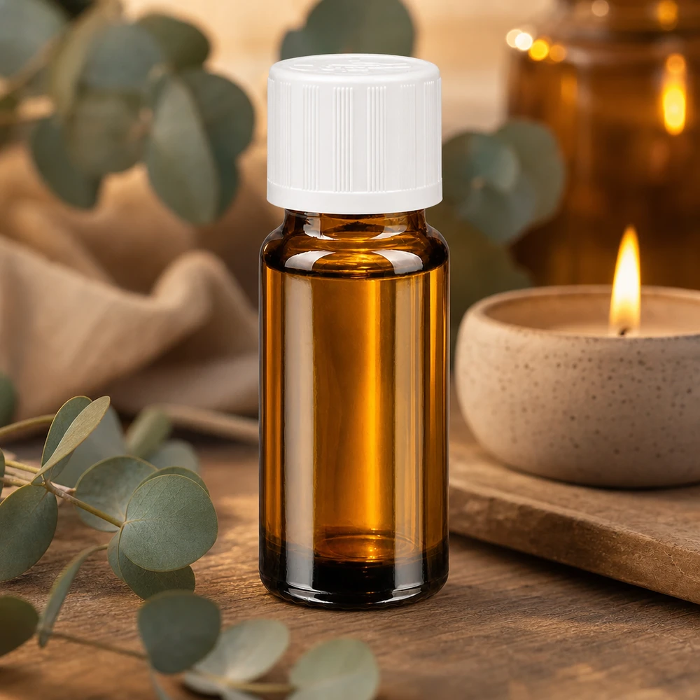 Piccola boccetta di vetro marrone da 10 ml con tappo a vite bianco per oli essenziali