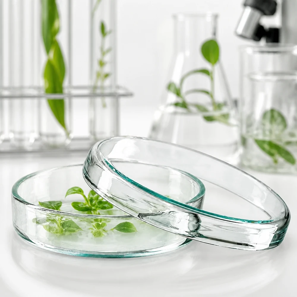 Piastra Petri 70x15mm in vetro Piastra di Petri in vetro 70x15 mm con piantine verdi in soluzione nutritiva per la ricerca botanica