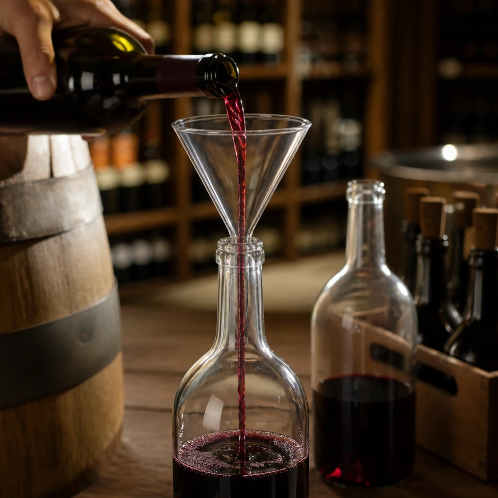 Imbuto Ø 100 mm per calce sodata, angolo 60°, stile corto Imbuto in vetro trasparente da 100 mm con stelo corto per la decantazione professionale di vino e liquidi