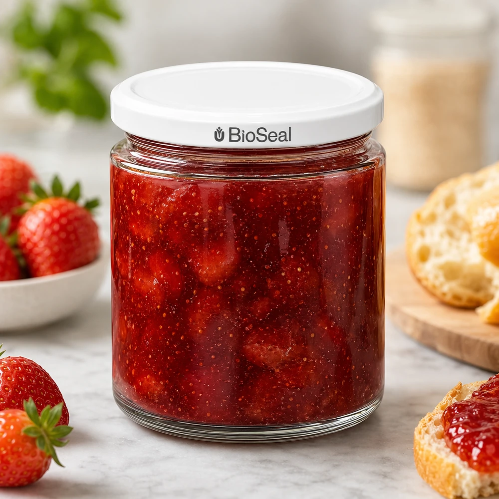 Vasetto per miele da 350 g con capsula bianca BioSeal UNiTWIST Vasetto di miele BioSeal UNiTWIST da 250 ml riempito con marmellata di fragole fatta in casa, servito con fragole fresche e panini.