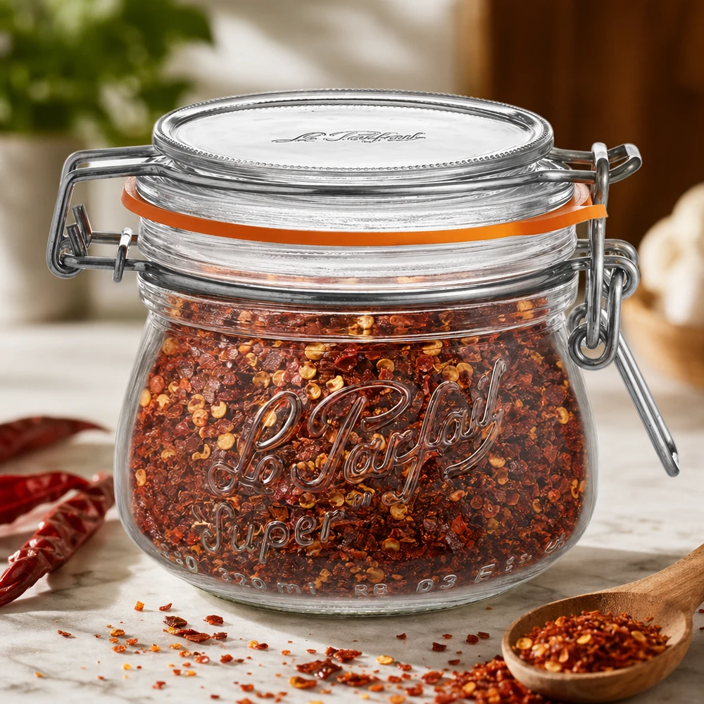 Barattolo Le Parfait da 250 ml con tappo girevole riempito di miscela di spezie al peperoncino su tavolo di legno