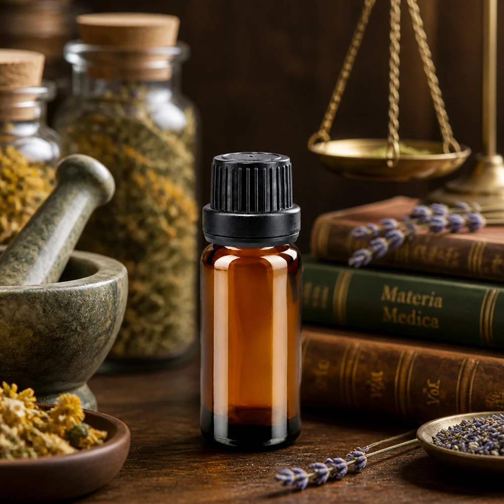 Flacone di vetro marrone da 10 ml con tappo di sicurezza nero e erbe su un tavolino di legno