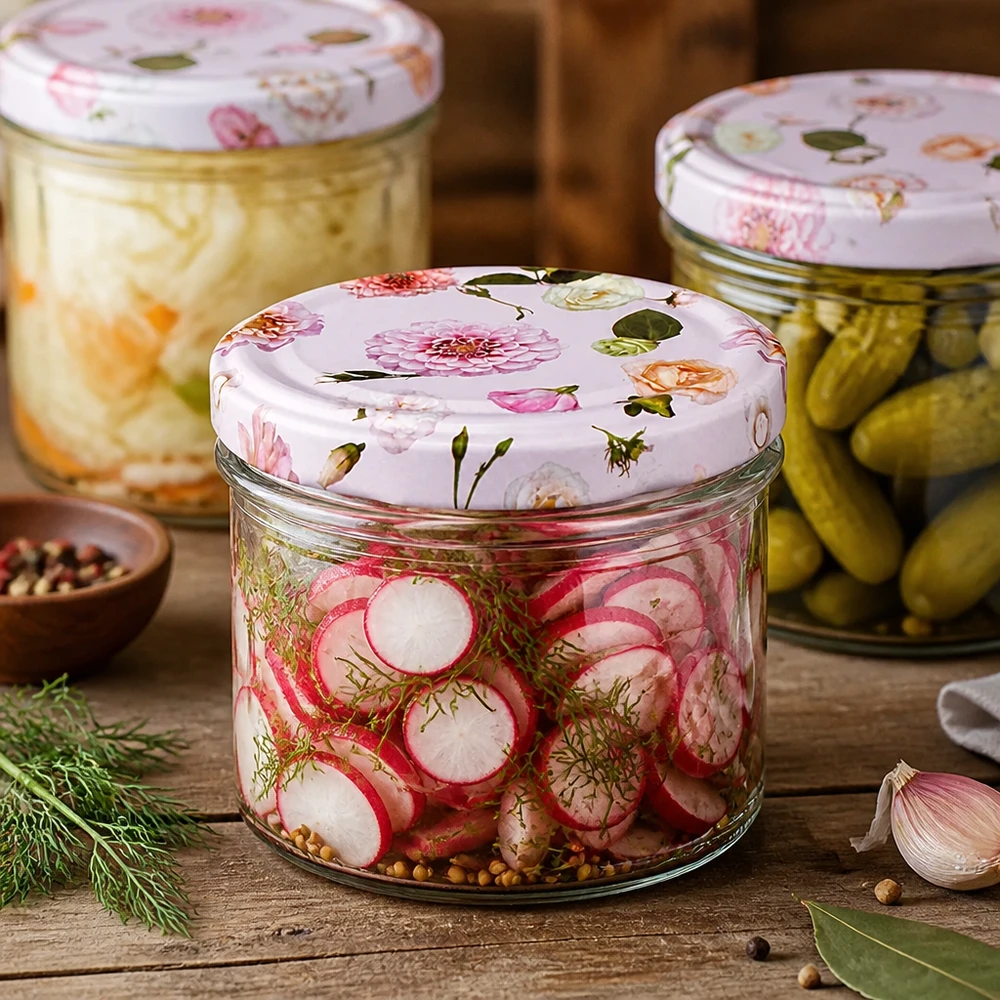 Barattolo di vetro da 225 ml + coperchio BasicSeal rosa UN... Bicchieri da 225 ml con coperchio floreale per la conservazione di verdure e sottaceti - fermentazione e conservazione
