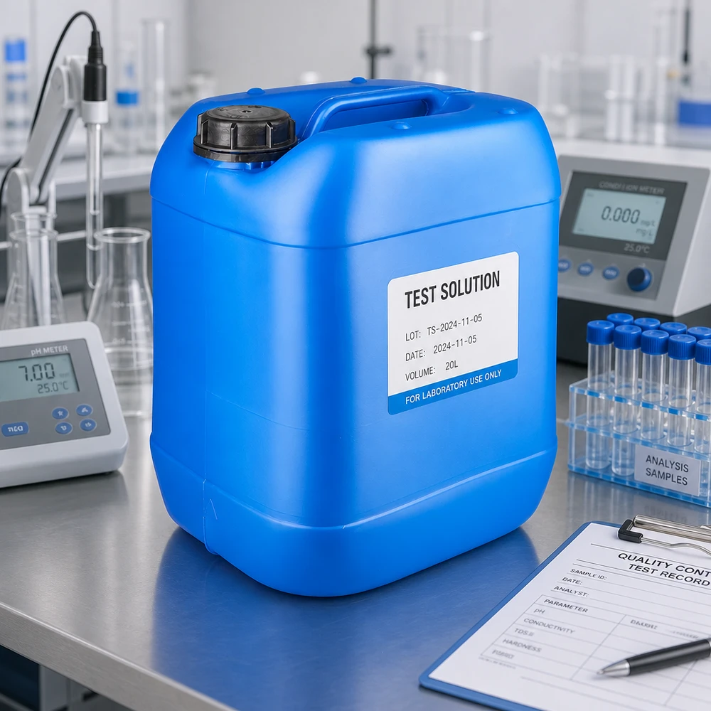 Tanica da laboratorio blu da 20 litri con tappo OV nero ed etichetta bianca su un tavolo in acciaio inossidabile
