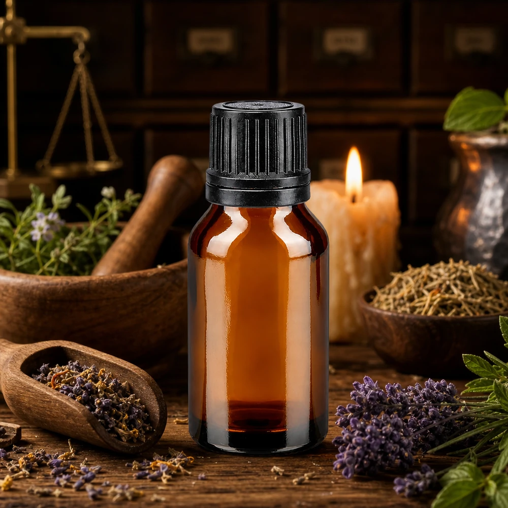 Flacone di olio essenziale da 15 ml in vetro ambrato con tappo nero, decorato con una candela e delle erbe aromatiche
