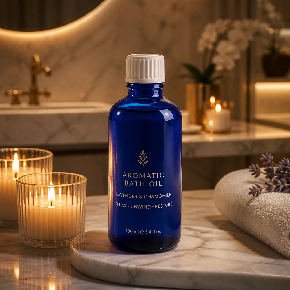 Bottiglia da farmacia blu da 50ml. SV STD bianco/11mm ApoGlas Flacone di vetro blu da 50 ml con tappo a vite bianco per olio da bagno alla lavanda e camomilla in un’atmosfera da spa