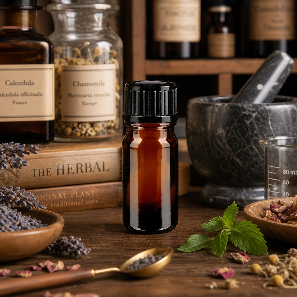 Fialetta di vetro marrone da 5 ml con tappo a vite nero, tra libri sulle erbe e piante medicinali