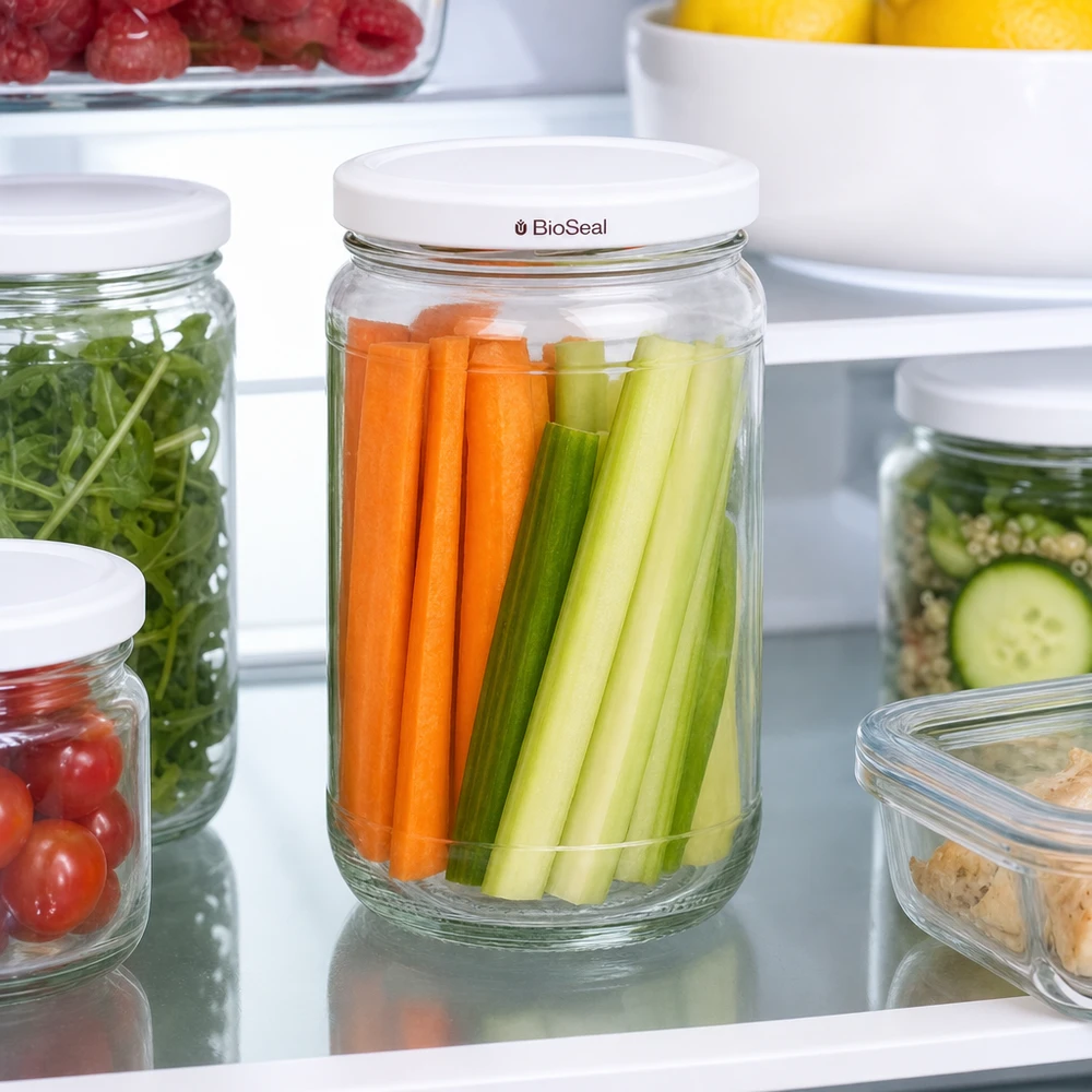 UNiTWIST Runda305 con coperchio bianco TO63 BioSeal UNiTWIST Runda305 im Kühlschrank mit frischen Karottensticks und Sellerie - optimale Gemüse-Frischhaltung dank BioSeal