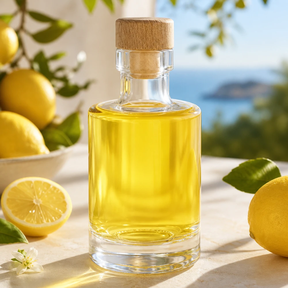 Bottiglia in vetro da 100 ml Marie con tappo in sughero con impugnatura in legno UNiTWIST® Bottiglia di vetro da 100 ml Marie con tappo di legno riempita di olio al limone in una cucina soleggiata con limoni freschi e foglie di agrumi