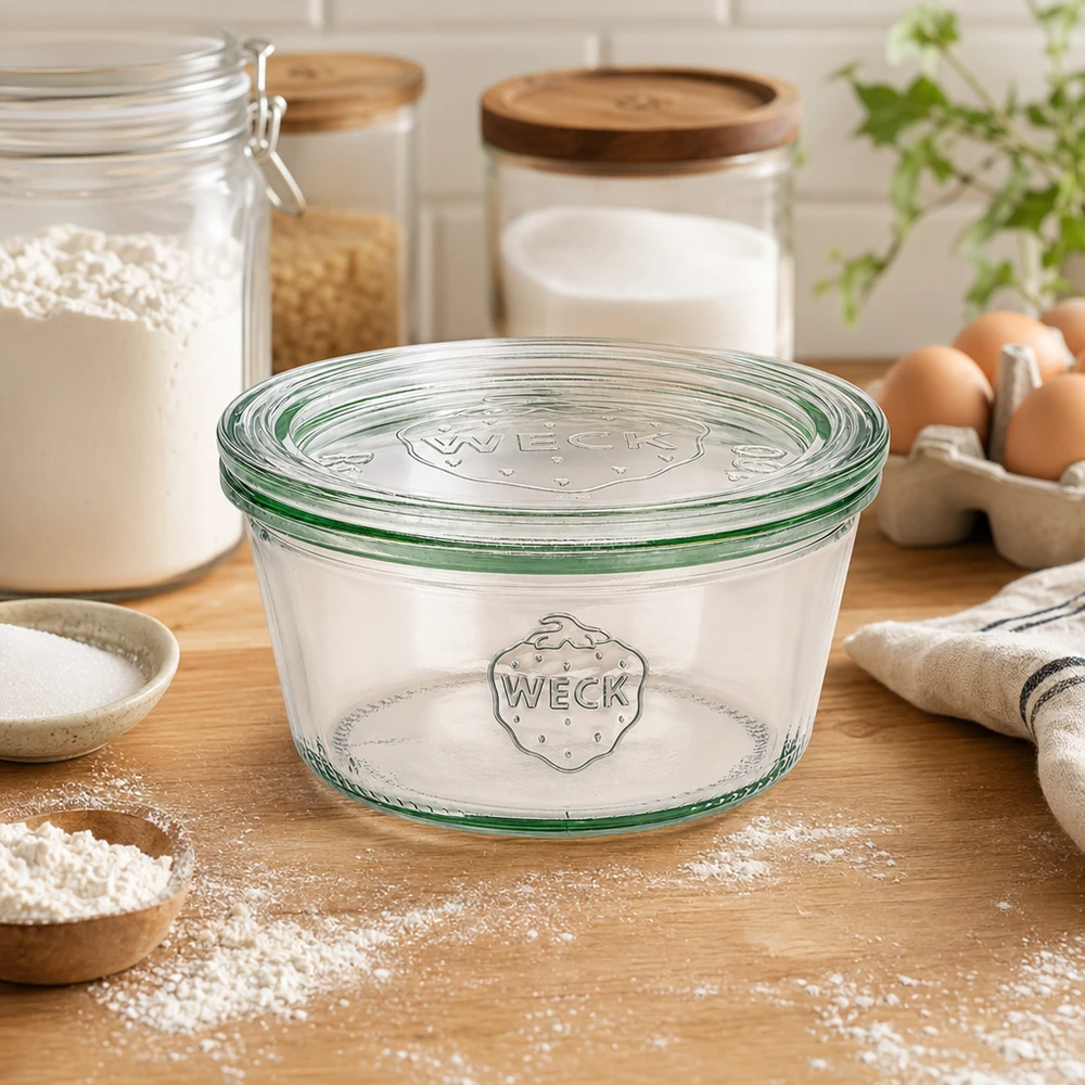 Bicchieri bassi da 290 ml con coperchio in vetro WECK RR100 WECK tumbler 290ml RR100 in cucina con farina, uova e barattoli di stoccaggio come accessori da forno e soluzione di stoccaggio