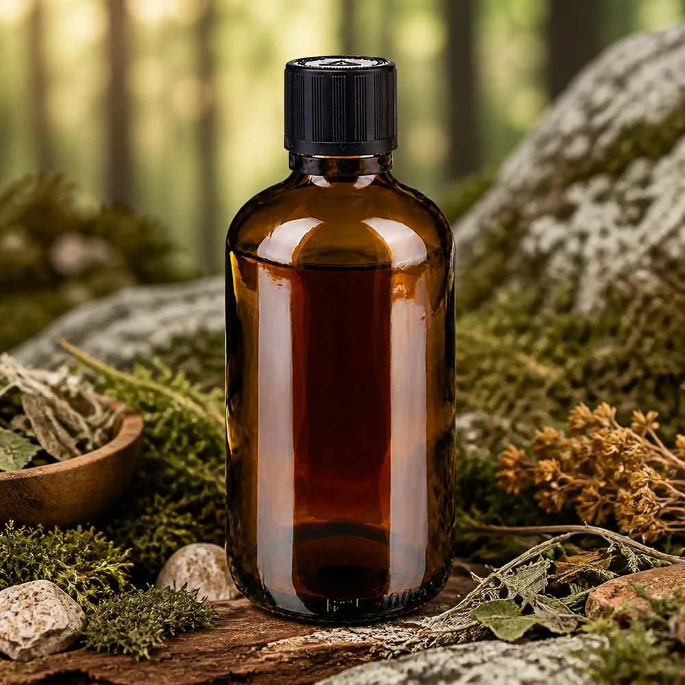 100ml bre. Gocciolatore. OV KiSi Bli nero/1mm ApoGlas Flacone contagocce da 100 ml in vetro ambrato con tappo di sicurezza nero, posato su muschio tra le erbe medicinali nel bosco