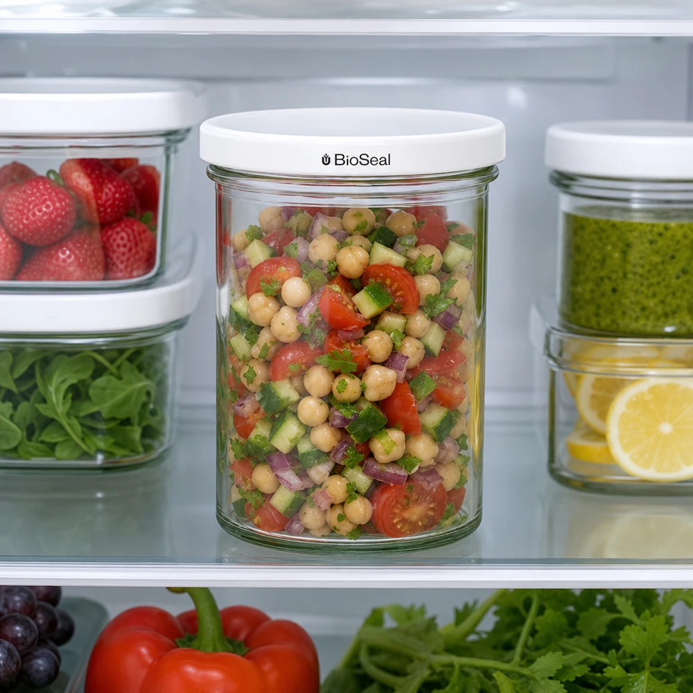 UNiTWIST Sturz435 con coperchio bianco TO82 BioSeal Il barattolo UNiTWIST da 435 ml in frigorifero, riempito di insalata di ceci, mostra la pratica conservazione della preparazione dei pasti.