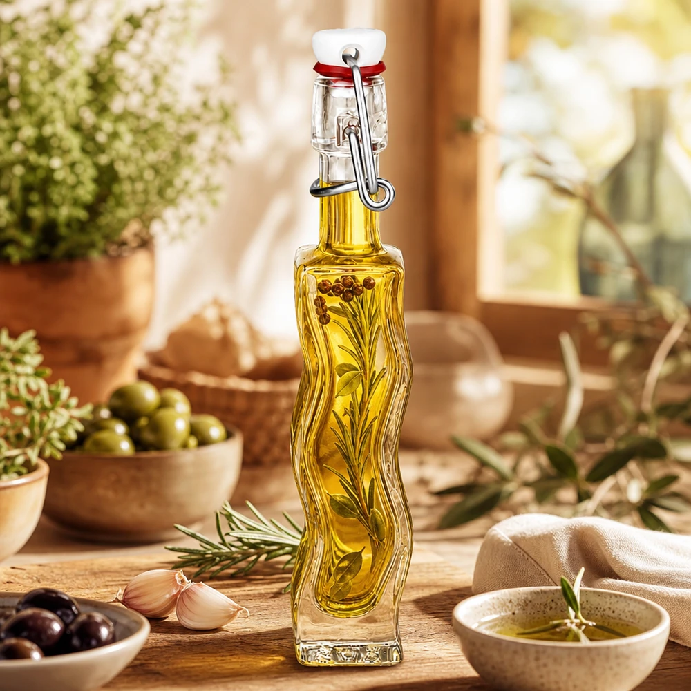 Flacone in vetro da 40 ml Fila con tappo a clip in PVC UNiTWIST® Bottiglia di vetro da 40 ml Anna riempita di olio alle erbe, decorazione mediterranea con olive e rosmarino su un tavolo di legno