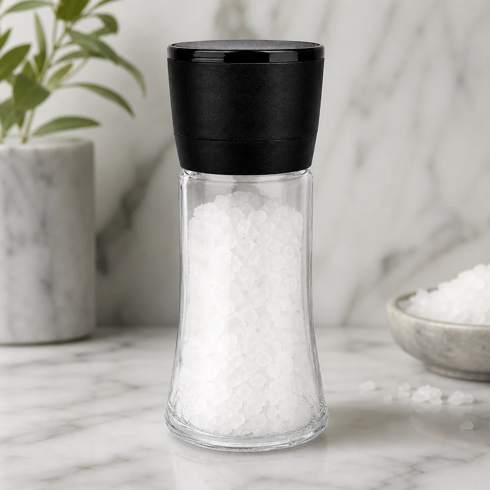 Barattolo per sale e spezie da 95 ml con macinino Vario nero Macina sale da 95 ml con macina nera, riempita con sale marino grosso, su base in marmo