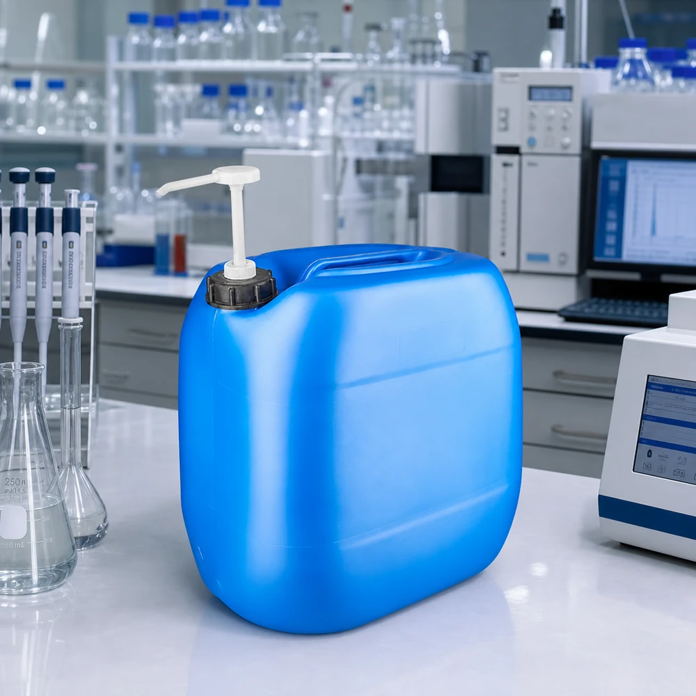 Tanica 30 litri blu con pompa dosatrice Tanica blu in HDPE da 30 litri con erogatore a pompa su un tavolo da laboratorio bianco, tra le attrezzature di laboratorio