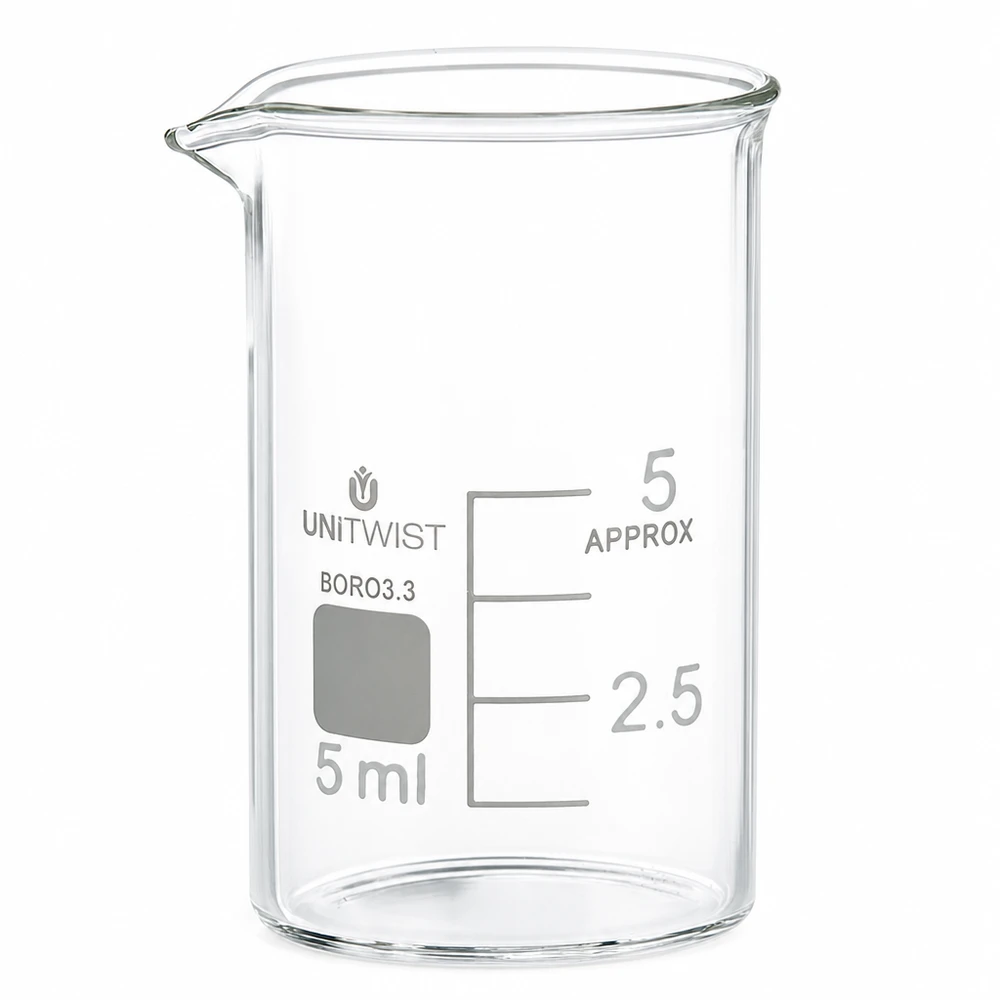 Bicchiere da 5 ml in vetro borosilicato a forma bassa di UNiTWIST, con scala graduata e beccuccio