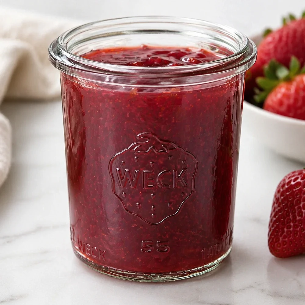 Bicchieri WECK 140ml RR60 riempiti di marmellata di fragole rosse accanto a fragole fresche su una superficie bianca