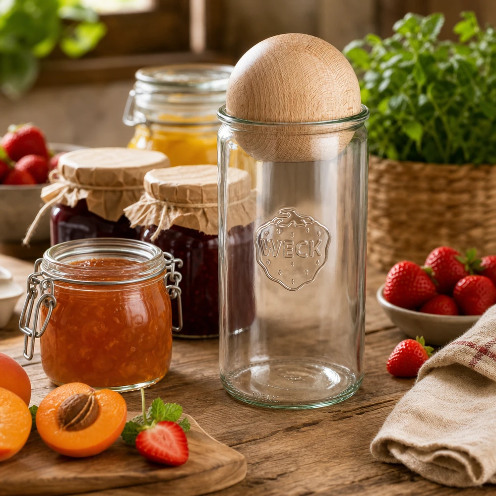 Vaso WECK 1590ml RR100 con sfera in legno di faggio in cucina tra marmellate, frutta fresca ed erbe aromatiche