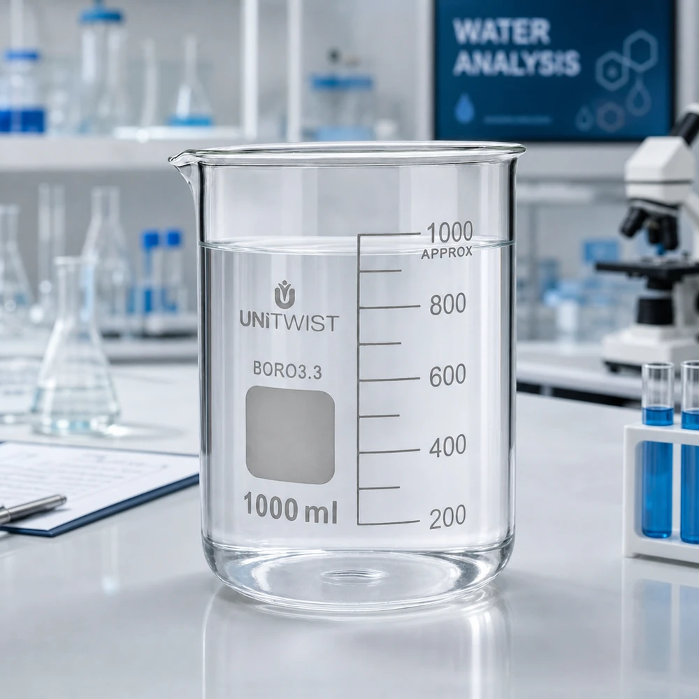 Bicchiere da 1000 ml in borosilicato, stampo basso UNiTWIST Bicchiere da laboratorio UNiTWIST da 1000 ml in borosilicato, a forma bassa, con acqua nel laboratorio di analisi